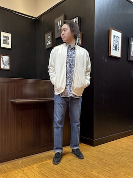 「TAKEO KIKUCHI（タケオキクチ）のスライドパズル ジャカード ブルゾン（ブルゾン、ホワイト系）」を使った、KEIさん（メンズ・167cm）の冬コーディネート