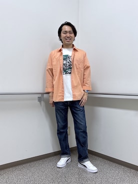 「TAKEO KIKUCHI（タケオキクチ）の【接触冷感】ハイブリッド リネン 七分袖シャツ（シャツ/ブラウス、オレンジ系）」を使った、KEIさん（メンズ・167cm）の夏コーディネート