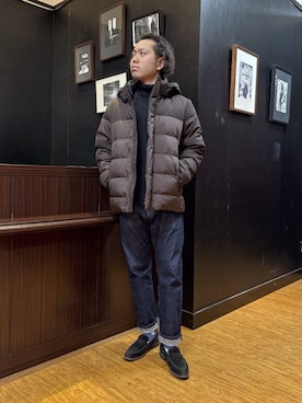 「TAKEO KIKUCHI（タケオキクチ）のカラーコンビ ダウンブルゾン（ダウンジャケット/コート、ブラウン系）」を使った、KEIさん（メンズ・167cm）の冬コーディネート