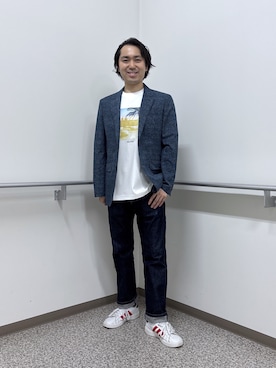 「TAKEO KIKUCHI（タケオキクチ）の【抗菌防臭】COOL DOTS（R）ドビープリント ジャケット（テーラードジャケット、ブルー系）」を使った、KEIさん（メンズ・167cm）の夏コーディネート