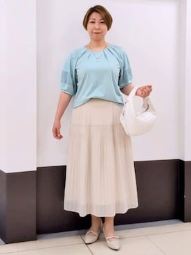 「Reflect（リフレクト）の【マシンウォッシュ可】キレイめラグランスリーブジャージ（Tシャツ/カットソー、グリーン系）」を使った、じゅりさん（レディース・163cm）の夏コーディネート