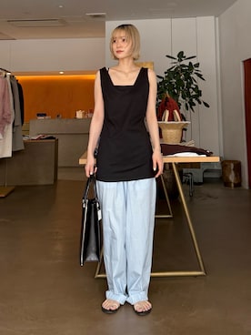 「Whim Gazette（ウィムガゼット）の【THE BAAT】sleeveless top（Tシャツ/カットソー、ブラック系）」を使った、Oharaさん（レディース・158cm）の夏コーディネート