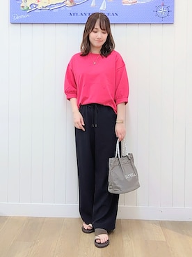 「Dessin（デッサン）のバックヘンリーカットソー5分袖（Tシャツ/カットソー、ピンク系）」を使った、itoさん（レディース・159cm）の夏コーディネート