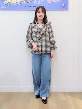 「cloenc（クロエンス）の【手洗い可】ラッフルフリルブラウス（シャツ/ブラウス、ブラウン系）」を使った、itoさん（レディース・159cm）の夏コーディネート