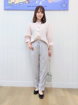 「Dessin（デッサン）の【UVカット】ストライプフリルブラウス6分袖（シャツ/ブラウス、ピンク系）」を使った、itoさん（レディース・159cm）の夏コーディネート