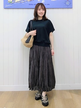 「Dessin（デッサン）の【洗える】後ろボタンフレンチスリーブニット（ニット/セーター、グリーン系）」を使った、itoさん（レディース・159cm）の夏コーディネート