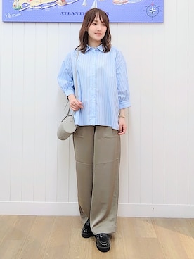 「Dessin（デッサン）の【UVカット】ギャザースリーブストライプシャツ6分袖（シャツ/ブラウス、ブルー系）」を使った、itoさん（レディース・159cm）の秋コーディネート
