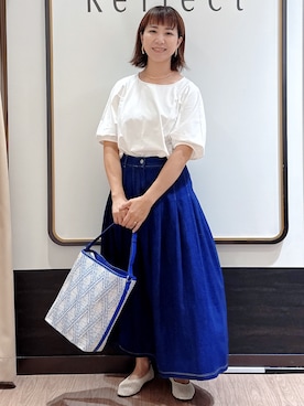 「Reflect（リフレクト）の【UVカット／接触冷感／吸水速乾】ギャザースリーブカットソー（Tシャツ/カットソー、ホワイト系）」を使った、nekoさん（レディース・159cm）の夏コーディネート