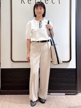 「Reflect（リフレクト）の【UVカット／接触冷感／吸水速乾】デザインスリーブプルオーバー（Tシャツ/カットソー、ホワイト系）」を使った、nekoさん（レディース・159cm）の夏コーディネート