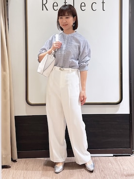 「Reflect（リフレクト）の【接触冷感】八分袖フロントフリルブラウス（シャツ/ブラウス、ブルー系）」を使った、nekoさん（レディース・159cm）の春コーディネート