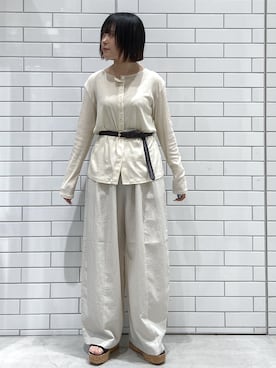 「OPAQUE.CLIP（オペークドットクリップ）のコルク厚底サンダル（サンダル、ブラウン系）」を使った、oiさん（レディース・155cm）の春コーディネート