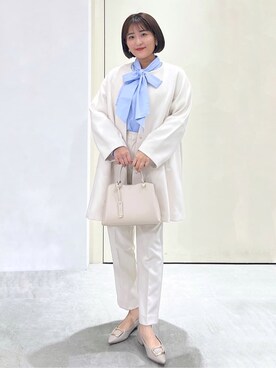 「OPAQUE.CLIP（オペークドットクリップ）のフォルムスリーブミドルコート【洗濯機OK】（ノーカラーコート、ホワイト系）」を使った、Unaさん（レディース・160cm）の冬コーディネート