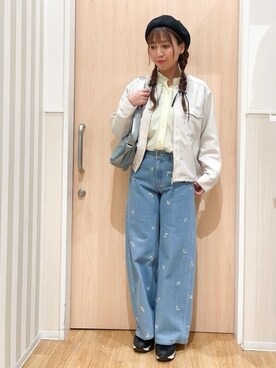 「SHOO・LA・RUE（シューラルー）の【S-LL】サッと羽織れてきれい見え　フラップポケット ノーカラーブルゾン（ブルゾン、ホワイト系）」を使った、natsumiさん（レディース・160cm）の春コーディネート