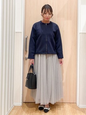 「SHOO・LA・RUE（シューラルー）の【セットアップ可/S-LL/なめらかタッチ】大人のきれいめスタイルに ノーカラージップブルゾン（ブルゾン、ブルー系）」を使った、natsumiさん（レディース・160cm）の冬コーディネート