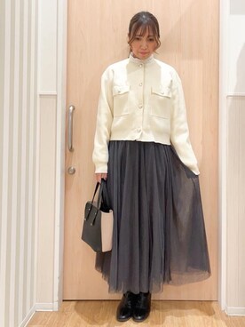 「SHOO・LA・RUE（シューラルー）の【洗濯機可/S-LL】1枚でも羽織りでも 華やか上品カーデ（カーディガン/ボレロ、ホワイト系）」を使った、natsumiさん（レディース・160cm）の冬コーディネート