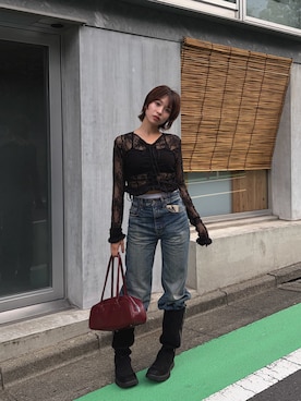 「POOLDE（プールデ）のアイテム（シャツ/ブラウス、ブラック系）」を使った、琉月/ルナさん（レディース・158cm）の春コーディネート