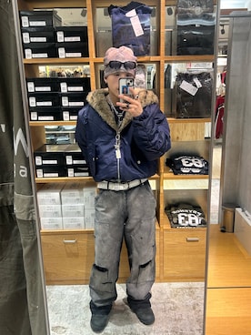 「アイテム（帽子、ブラウン系）」を使った、Rionさん（メンズ・170cm）の冬コーディネート