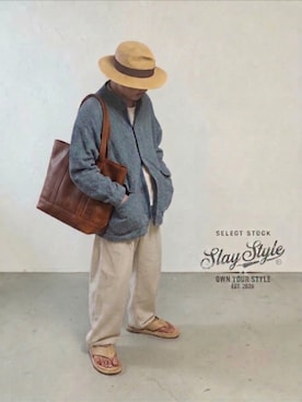 「madenのアイテム（ハット、ベージュ系）」を使った、slaystyleさん（メンズ・175cm）の夏コーディネート