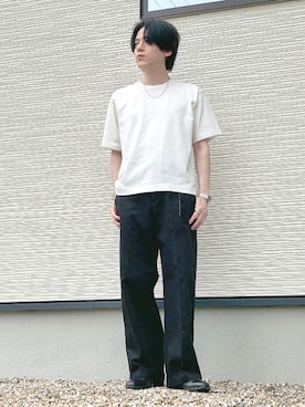 「GU（ジーユー）のアイテム（ニット/セーター、ホワイト系）」を使った、QOOさん（メンズ・167cm）の夏コーディネート