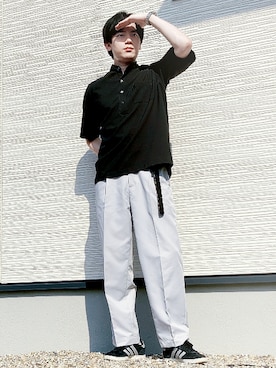 「green label relaxing（グリーンレーベルリラクシング）のアイテム（シャツ/ブラウス、ブラック系）」を使った、QOOさん（メンズ・167cm）の夏コーディネート