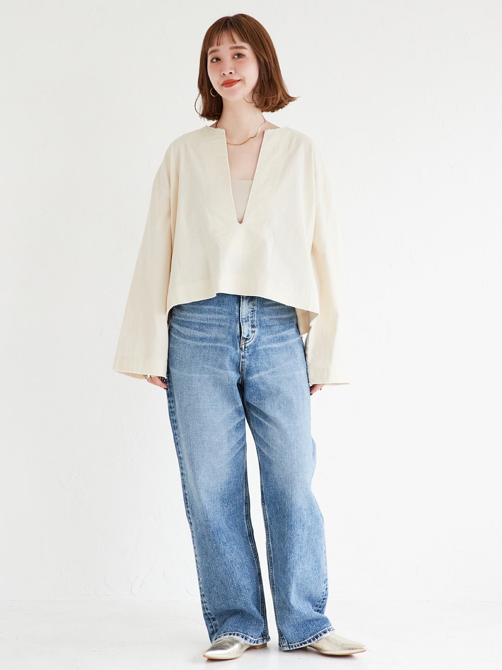 「秋服準備はじめました、大人カジュアル、大人かわいい、デニムコーデ、シャツスタイル、秋、シンプル、ボリューム袖」｜「LeeのLEE/リー ワイドデニム（デニムパンツ、ブルー系）」を使った、Kanakoさん（レディース・163cm）の夏コーディネートの1枚目の写真