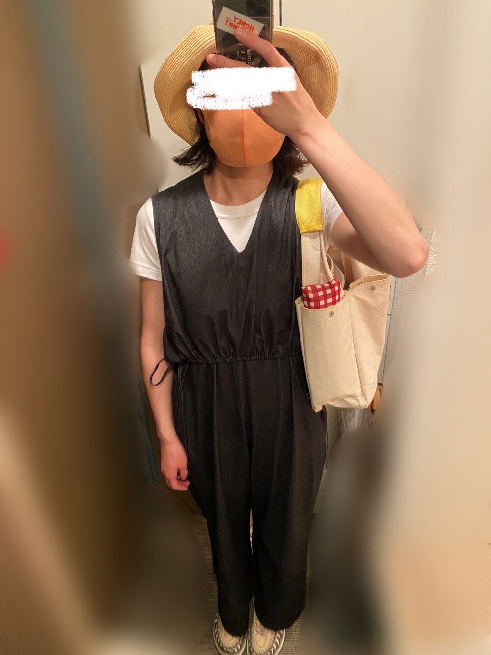 「夏コーデ、オールインワン、キーン、ユニクロ、ビショップ、バッグンナウン、ともふく」｜「BAG'n'NOUNのアイテム（トートバッグ、ホワイト系）」を使った、とりにくさん（レディース・160cm）の夏コーディネートの1枚目の写真
