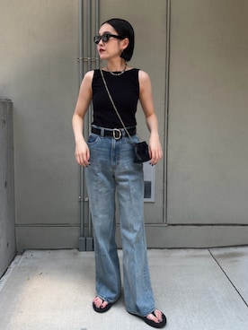 「CAPRICIEUX LE'MAGE（カプリシューレマージュ）の【バックオープン】カップ付アメスリタンク（キャミソール、ブラック系）」を使った、otaniさん（レディース・160cm）の夏コーディネート