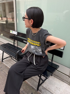 「CAPRICIEUX LE'MAGE（カプリシューレマージュ）の〈GOOD ROCK SPEED〉PETER PHOTO Tシャツ（Tシャツ/カットソー、ブラック系）」を使った、otaniさん（レディース・160cm）の夏コーディネート