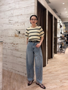 「CAPRICIEUX LE'MAGE（カプリシューレマージュ）のワッフルボーダーニット（ニット/セーター、ホワイト系）」を使った、otaniさん（レディース・160cm）の春コーディネート