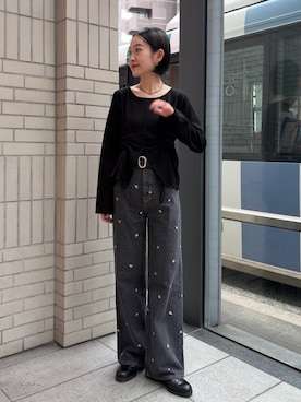 「CAPRICIEUX LE'MAGE（カプリシューレマージュ）の【新色/エクリュ・ブラウン】ドロストリブTシャツ（Tシャツ/カットソー、ブラック系）」を使った、otaniさん（レディース・160cm）の秋コーディネート