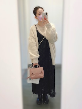 「titivate（ティティベイト）のﾛｰｹﾞｰｼﾞﾊﾝﾄﾞﾗｲｸﾆｯﾄｶｰﾃﾞｨｶﾞﾝ（カーディガン/ボレロ）」を使った、きなこさん（レディース・151cm）の秋コーディネート