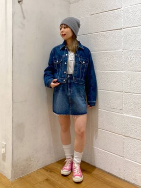 「アイテム（ニットキャップ/ビーニー、グレー系）」を使った、yuzukiさん（レディース・153cm）の冬コーディネート