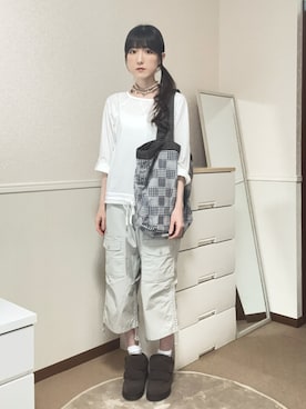 「OHESHIO（オヘシオ）のROLL-UP DOT LABEL TEE, IVORY（Tシャツ/カットソー、その他）」を使った、aoiさん（レディース・161cm）の夏コーディネート