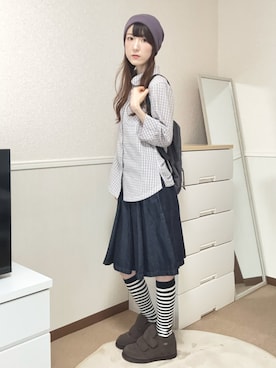 「COYSEIOのアイテム（ニットキャップ/ビーニー、パープル系）」を使った、aoiさん（レディース・161cm）の夏コーディネート
