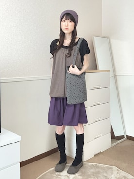 「COYSEIOのアイテム（ニットキャップ/ビーニー、パープル系）」を使った、aoiさん（レディース・161cm）の夏コーディネート