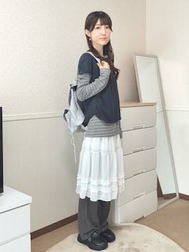 「Birthday room（バースデイルーム）のシアーティアードミディ丈スカート/Sheer tiered midi skirt（スカート、ホワイト系）」を使った、aoiさん（レディース・161cm）の春コーディネート