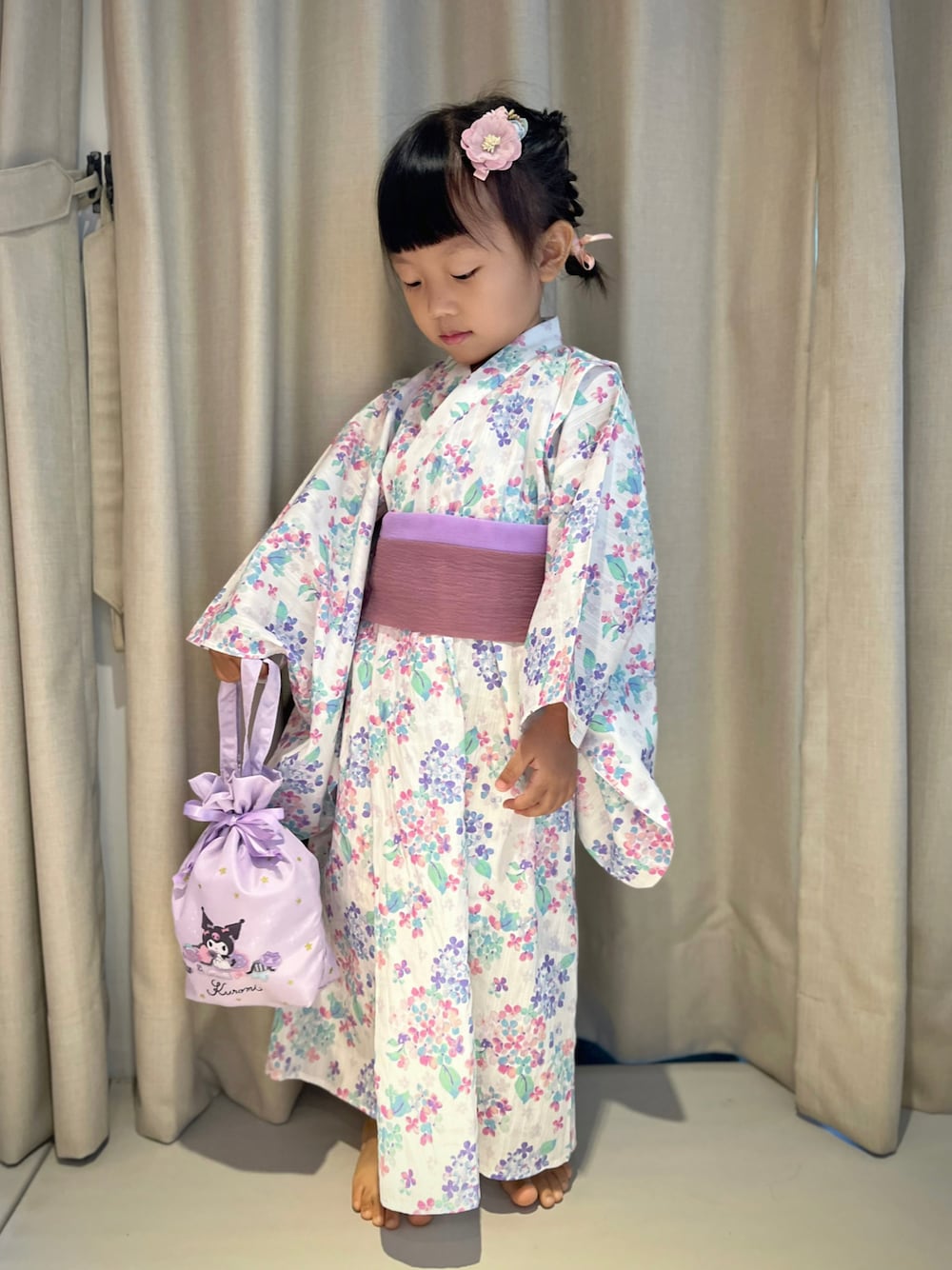 「夏コーデ、浴衣子供、カワイイ、あじさい柄、台湾女子、サンリオ、クロミ」｜「GLOBAL WORKのアイテム（ワンピース、ホワイト系）」を使った、𝒮さん（レディース・160cm）の夏コーディネートの1枚目の写真