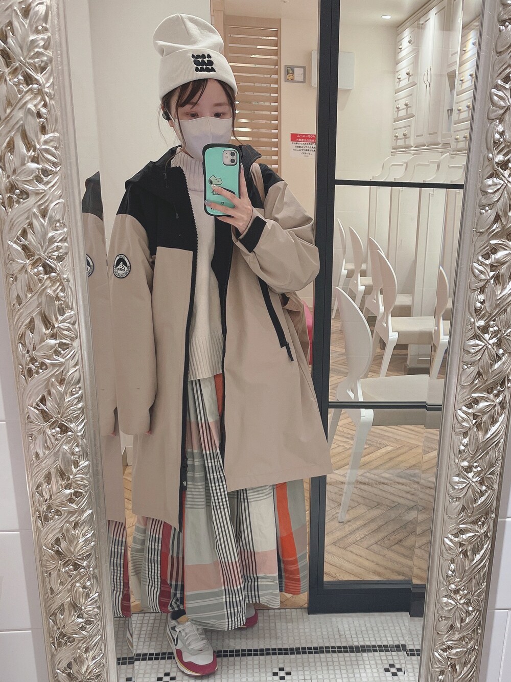 「カジュアルコーデ、低身長コーデ、おしゃれさんと繋がりたい、ニット帽、骨格ストレート、チェックスカート」｜「GERRYのミリタリーコート（その他アウター、ベージュ系）」を使った、Midoriririさん（レディース・153cm）の冬コーディネートの1枚目の写真