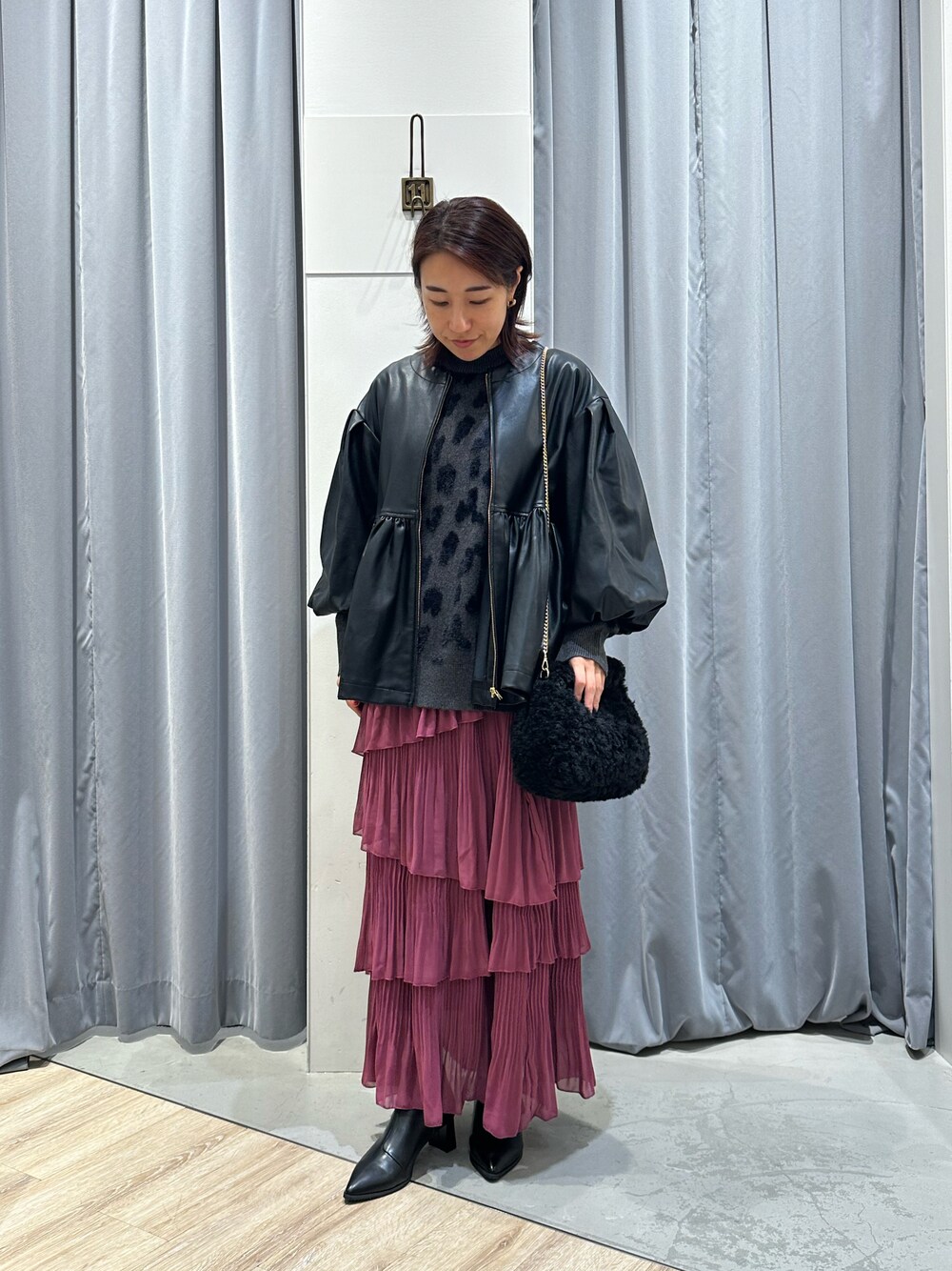 テチチ Te chichi フェイクレザーペプラムブルゾン （ブラック