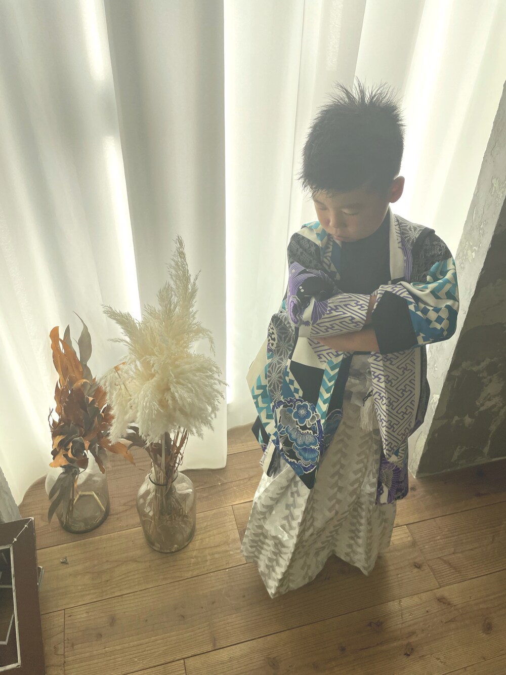 「着物、七五三、和装、七五三前撮り、5歳男の子」｜「和装のアイテム（着物、ブルー系）」を使った、Ashleyさん（キッズ・110cm）の秋コーディネートの1枚目の写真