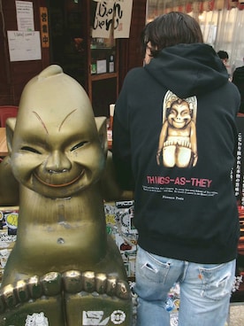 「NOSTALVIA（ノスタルヴィア）のNOSTALVIA(ノスタルヴィア) Billiken / ビリケン 裏毛 スウェットパーカー（パーカー、ブラック系）」を使った、NOSTALVIAさん（メンズ・180cm）の秋コーディネート