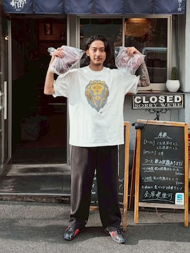 「NOSTALVIA（ノスタルヴィア）のNOSTALVIA(ノスタルヴィア) New World / ニューワールド Tシャツ（Tシャツ/カットソー、ホワイト系）」を使った、NOSTALVIAさん（メンズ・180cm）の秋コーディネート
