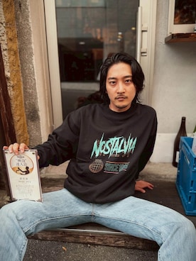 「NOSTALVIA（ノスタルヴィア）のNOSTALVIA(ノスタルヴィア) THE SHINSEKAI / ザ・シンセカイ 裏毛 スウェットプルオーバー（スウェット、ブラック系）」を使った、NOSTALVIAさん（メンズ・180cm）の秋コーディネート