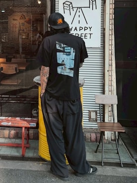 「NOSTALVIA（ノスタルヴィア）のNOSTALVIA(ノスタルヴィア) Nishinari Guy / ニシナリガイ Tシャツ（Tシャツ/カットソー、ブラック系）」を使った、NOSTALVIAさん（メンズ・180cm）の秋コーディネート