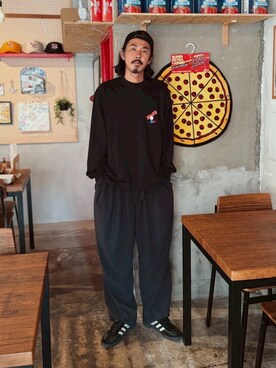 「NOSTALVIA（ノスタルヴィア）のNOSTALVIA(ノスタルヴィア) Smart Ball New Star / スマートボールニュースター ロンT（Tシャツ/カットソー、ブラック系）」を使った、NOSTALVIAさん（メンズ・180cm）の秋コーディネート