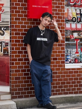 「NOSTALVIA（ノスタルヴィア）のNOSTALVIA(ノスタルヴィア) Nishinari Guy / ニシナリガイ Tシャツ（Tシャツ/カットソー、ブラック系）」を使った、NOSTALVIAさん（メンズ・180cm）の秋コーディネート