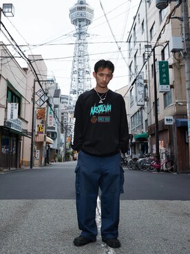 「NOSTALVIA（ノスタルヴィア）のNOSTALVIA(ノスタルヴィア) THE SHINSEKAI / ザ・シンセカイロンT（Tシャツ/カットソー、ブラック系）」を使った、NOSTALVIAさん（メンズ・180cm）の秋コーディネート