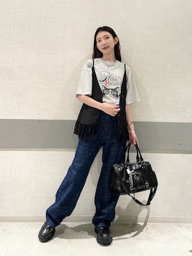 「JEANASIS（ジーナシス）のジャガードデニムワイドストレートパンツ/1044388（デニムパンツ、ブルー系）」を使った、えりーさん（レディース・160cm）の夏コーディネート