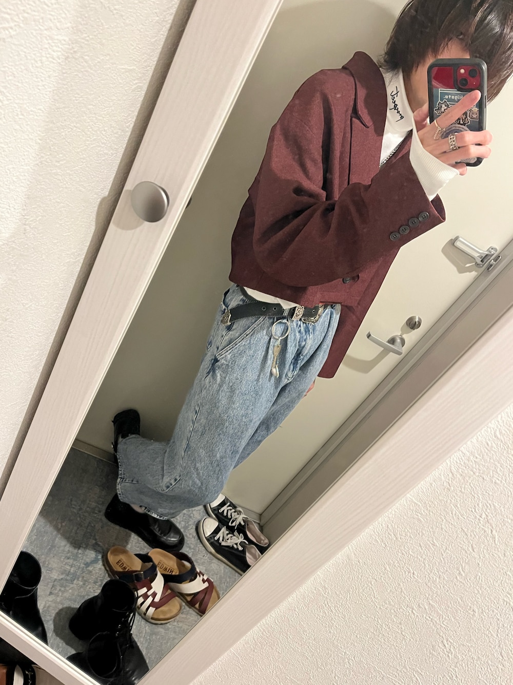 「Ellno Loset、adrer、ADRER、メンズファッション、おしゃれさんと繋がりたい」｜「Ellno Losetの2WAYレングスダブルジャケット / SET UP対応（テーラードジャケット、レッド系）」を使った、たかさん（メンズ・181cm）の秋コーディネートの1枚目の写真