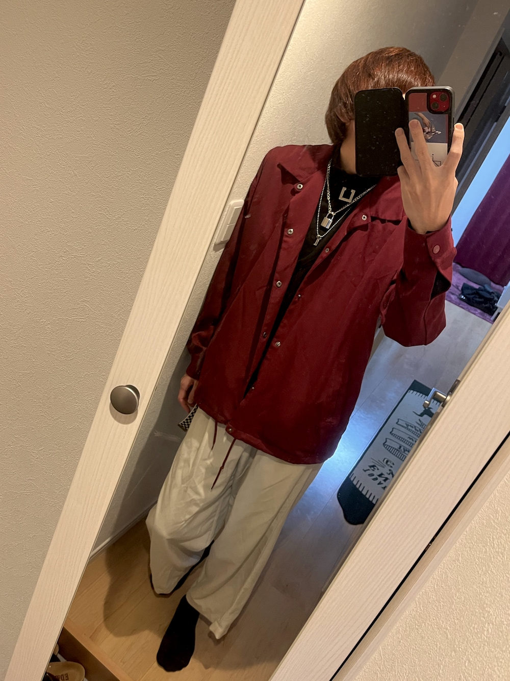 「adrer、ADRER、MONO-MART、秋コーデ、おしゃれさんと繋がりたい、お洒落さんとつながりたい、いいね、save、フォローお願いします🤑」｜「MONO-MARTのT/R ストレッチ スーツ地 スーパービッグ コーチジャケット（その他アウター、レッド系）」を使った、たかさん（メンズ・181cm）の秋コーディネートの1枚目の写真